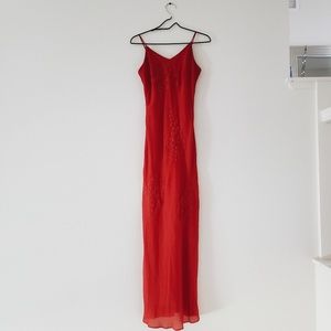Long red formal dress with sequins